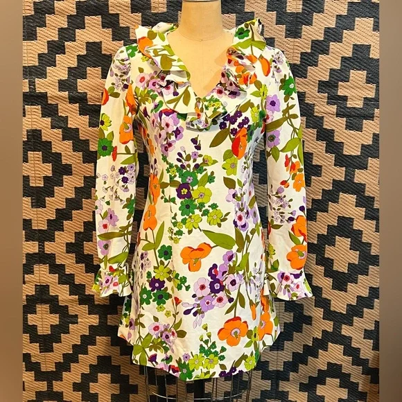 VINTAGE MOD 60s MCM botanical floral mini dress ruffle collar flare polyester‎ - Picture 7 of 10